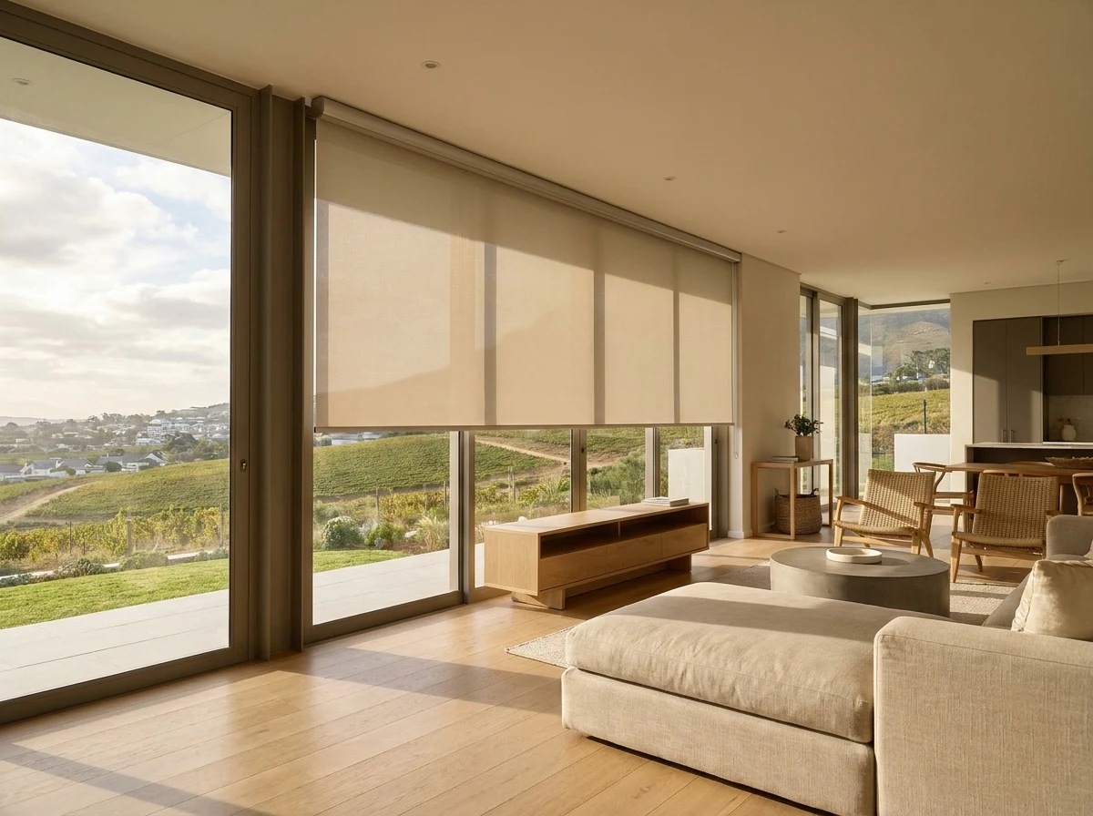 Open-plan living and dining room in a Durbanville Hills estate home, floor-to-ceiling glass onto a hillside vineyard view fitted with a flat sunscreen roller blind